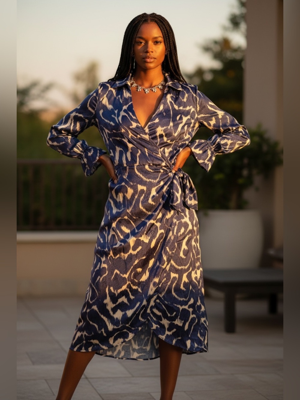Mango Wrap Midi Dress in Navy and Cream
